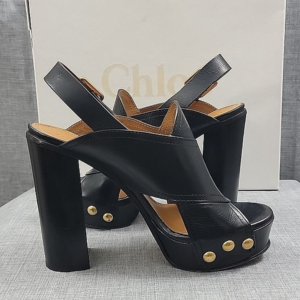 Chloe Mischa Icon Black Leather Chunky Platform Slingback Heels Gold Buckle 39.5